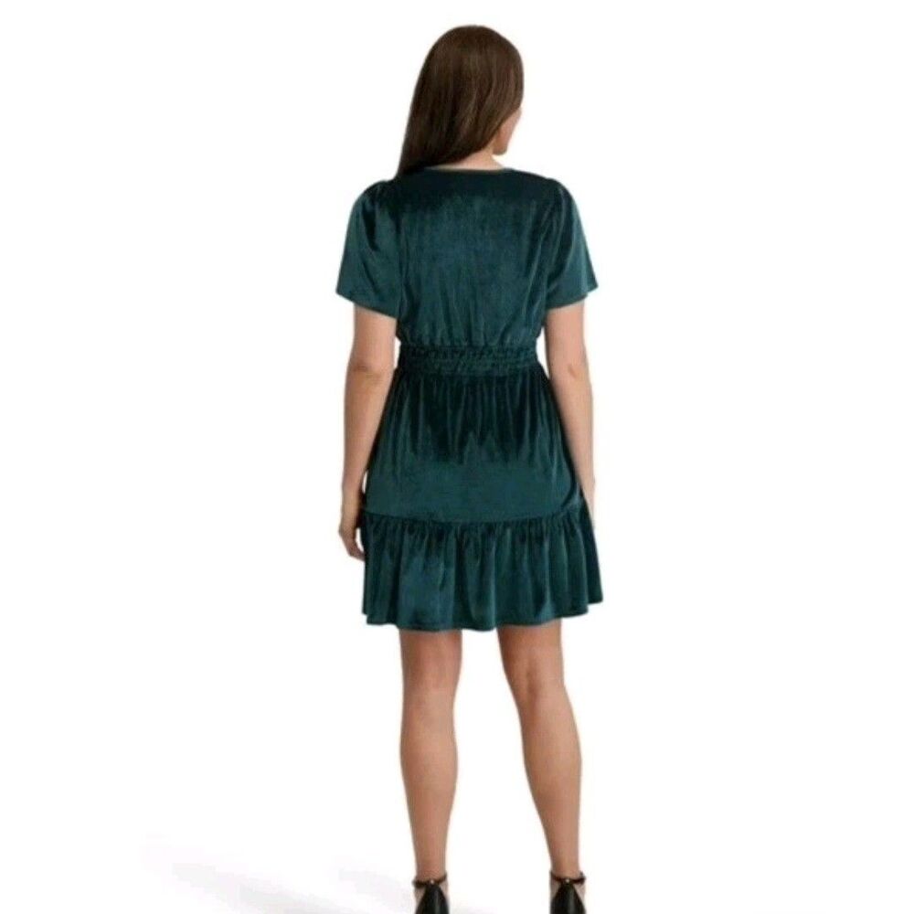 French Connection Emerald Green Velvet Short Sleeve Mini Dress XS NWT Ruffle - Picture 6 of 16